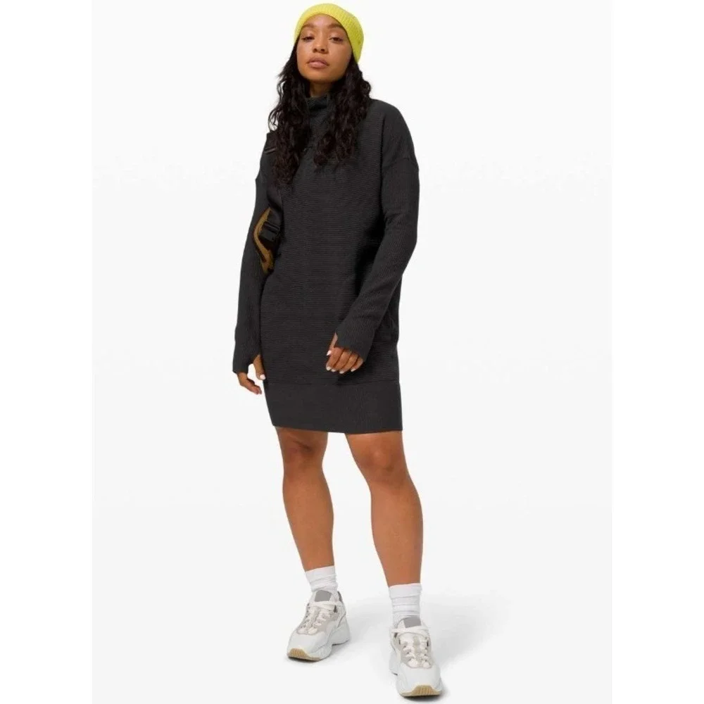 lululemon Call For Cozy Dress Womens 4 Black Textured Funnel Neck *Embroidered